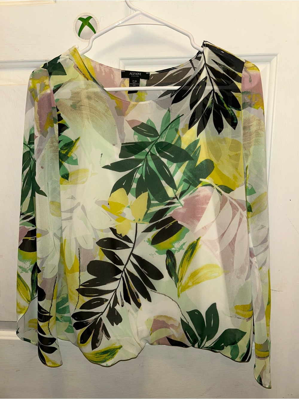 Alfani Sheer Tropical Leaf Print Blouse in Green, Yellow & Pink